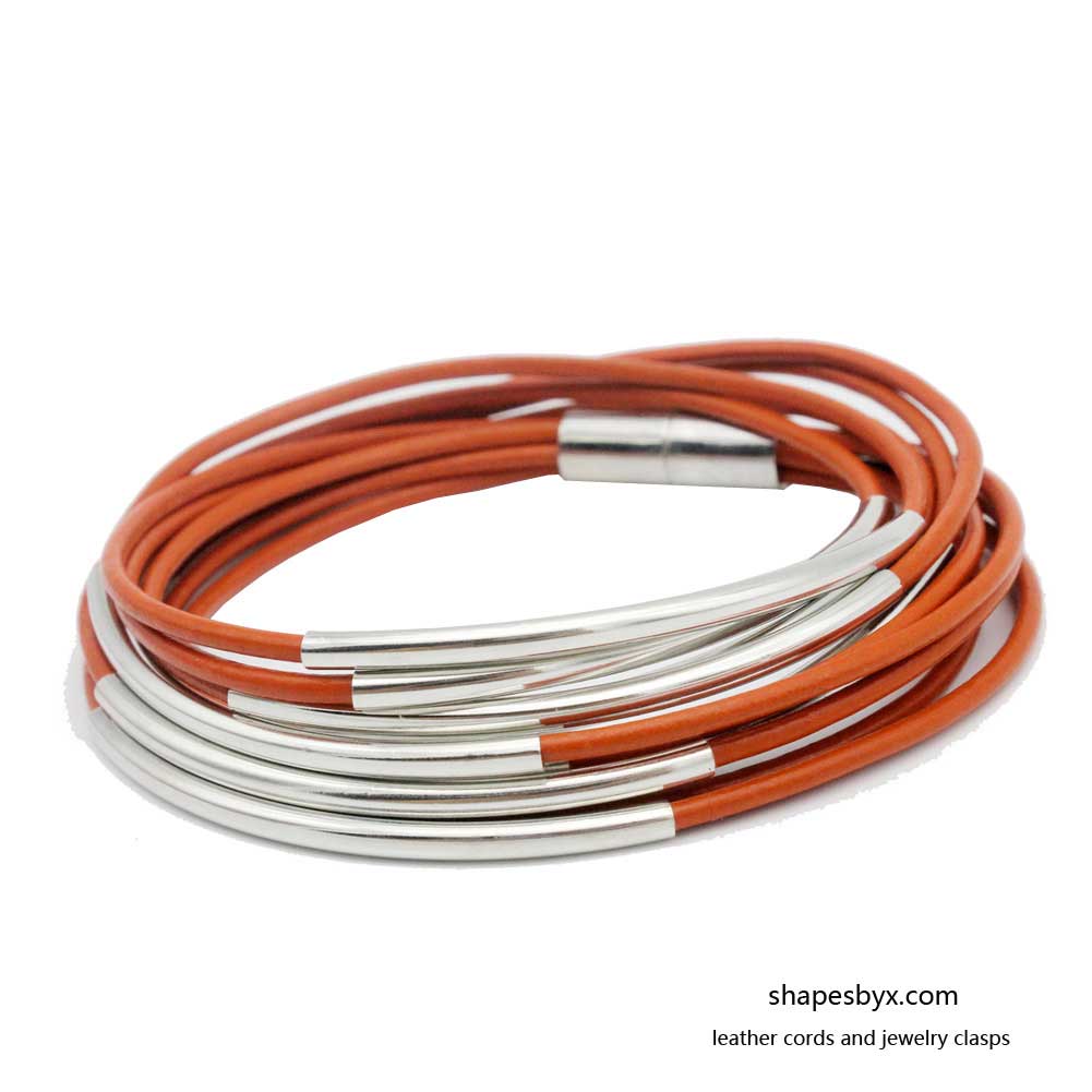 Leather Wrap Bracelet Magnetic End with Silver Tubes for Women Orange