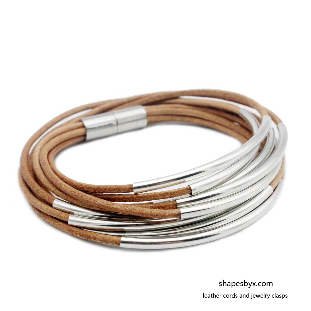 Leather Wrap Bracelet Magnetic End with Silver Tubes for Women Tan