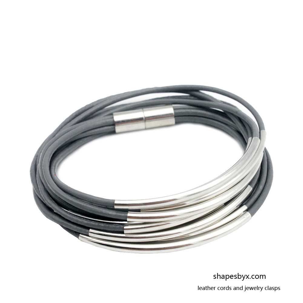 Leather Wrap Bracelet Magnetic End with Silver Tubes for Women Gray