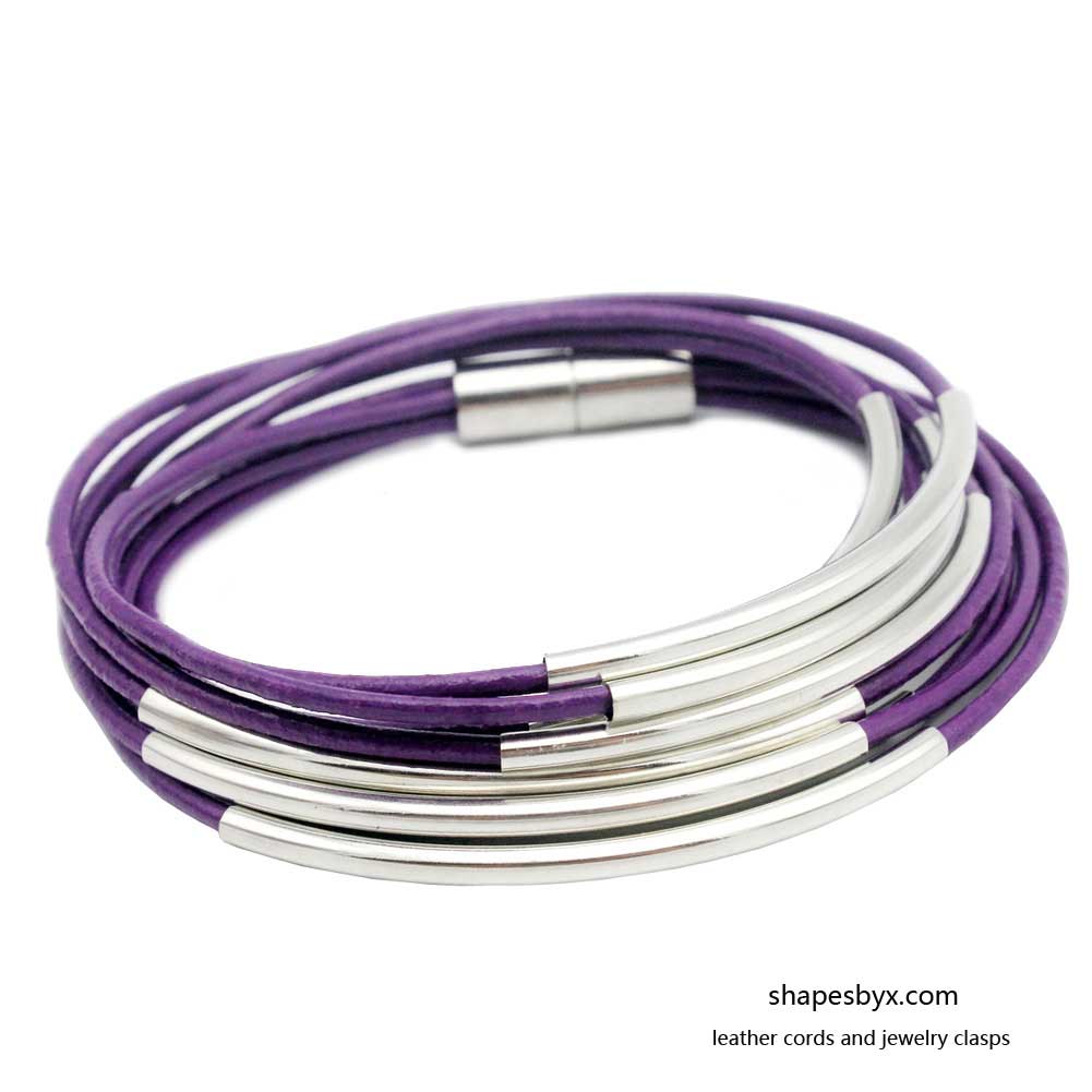 Leather Wrap Bracelet Magnetic End with Silver Tubes for Women Purple