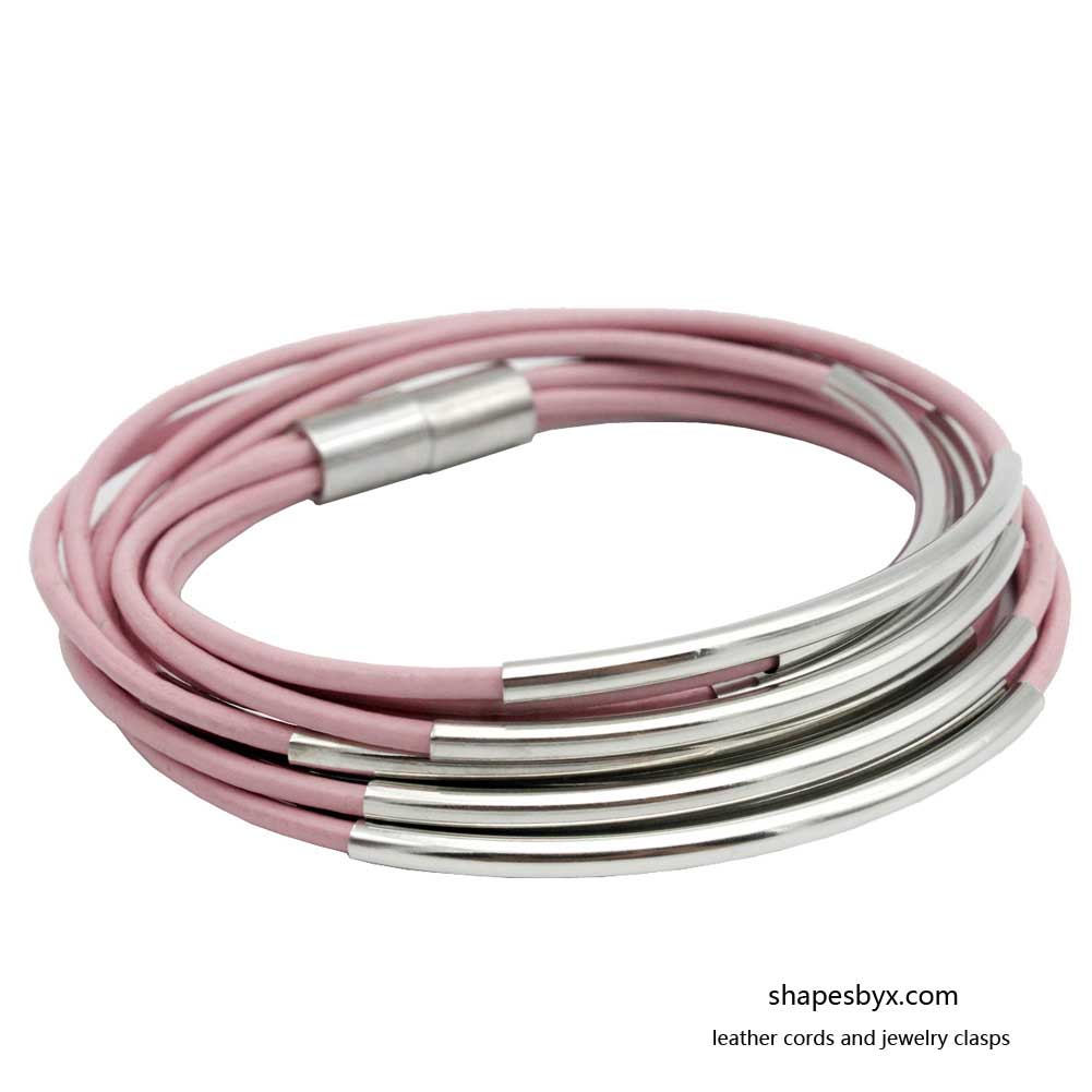 Leather Wrap Bracelet Magnetic End with Silver Tubes for Women Pink