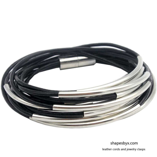 Leather Wrap Bracelet Magnetic End with Silver Tubes for Women Black