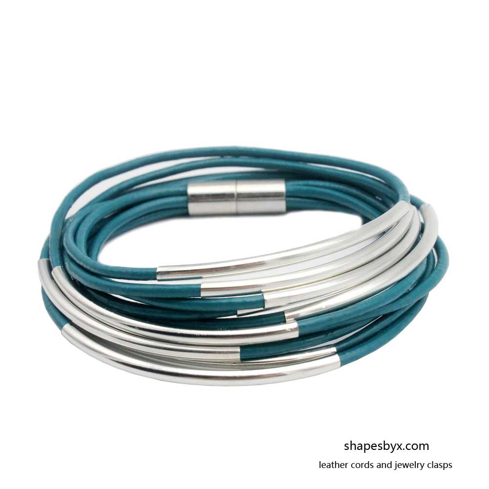 Leather Wrap Bracelet Magnetic End with Silver Tubes for Women Teal