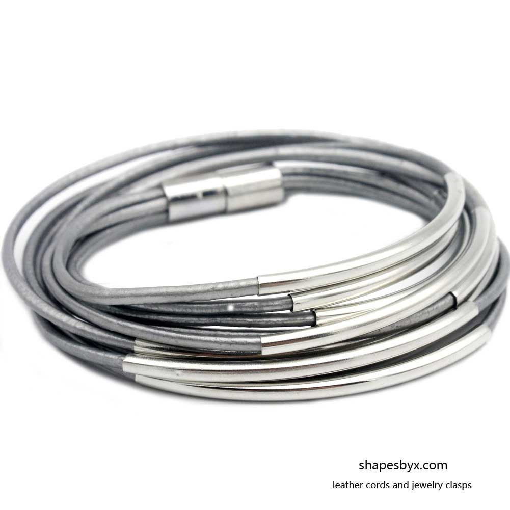 Leather Wrap Bracelet Magnetic End with Silver Tubes for Women