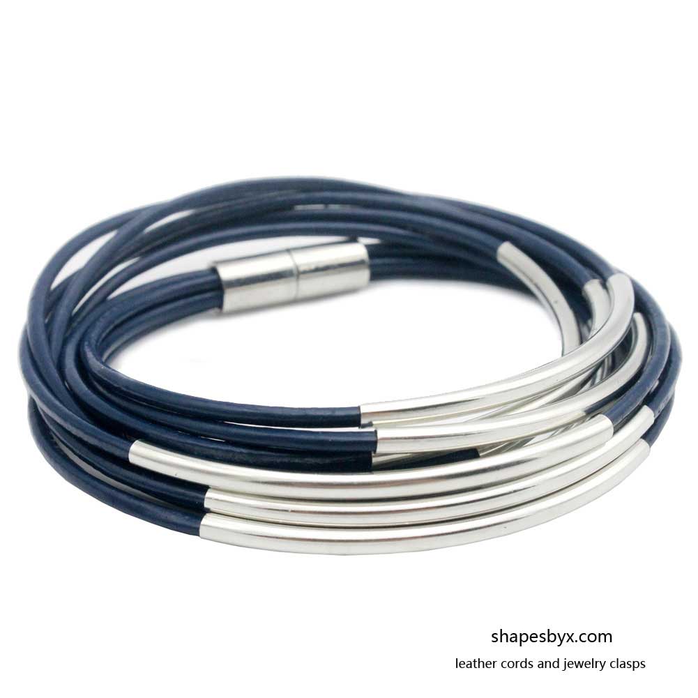 Leather Wrap Bracelet Magnetic End with Silver Tubes for Women Navy Blue