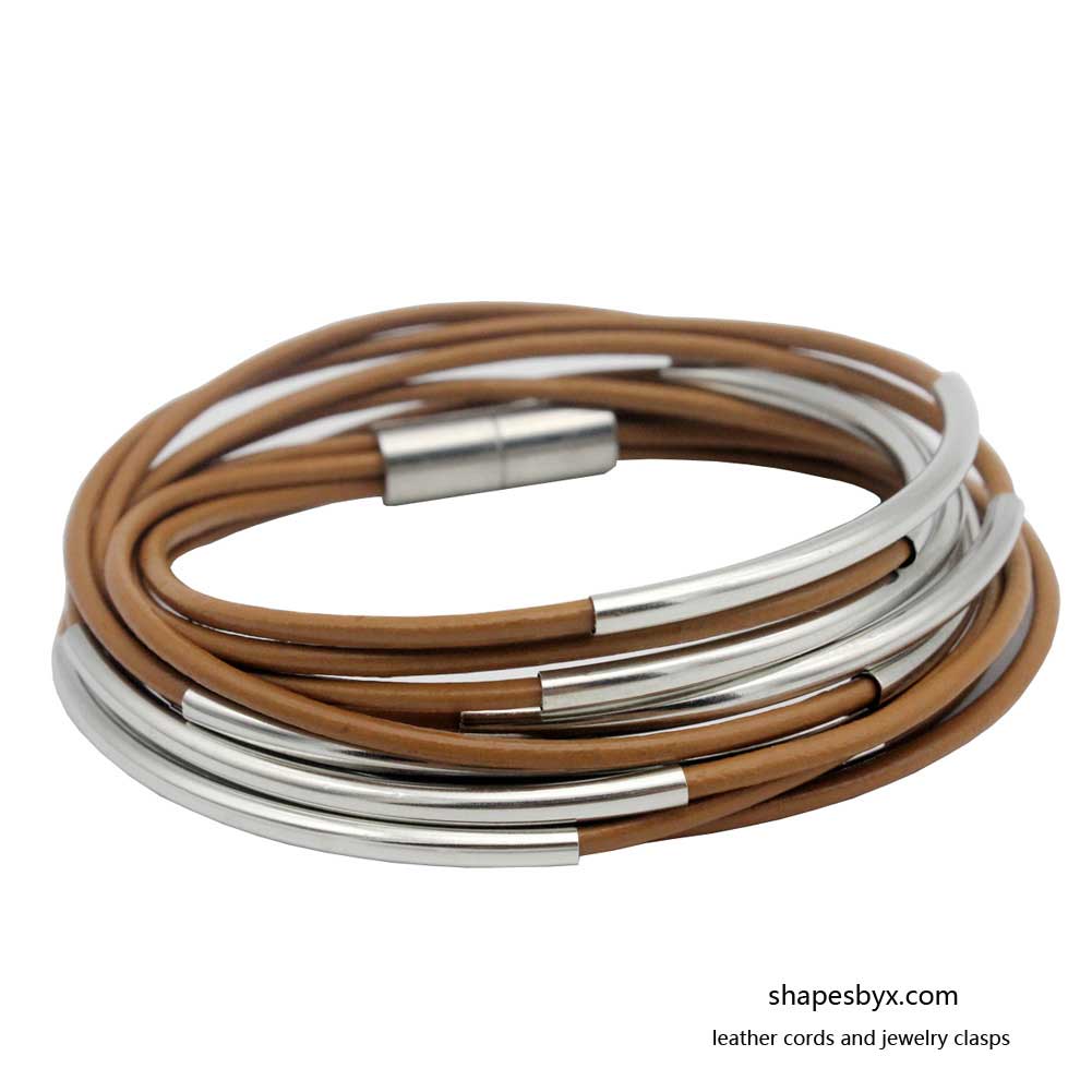 Leather Wrap Bracelet Magnetic End with Silver Tubes for Women Camel