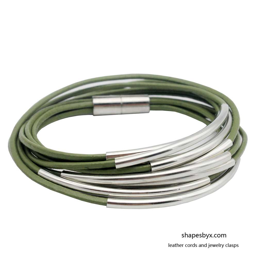 Leather Wrap Bracelet Magnetic End with Silver Tubes for Women Olive