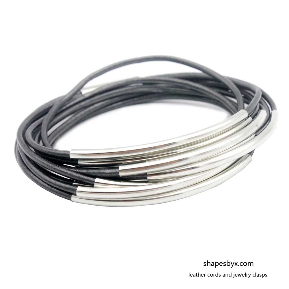 Leather Wrap Bracelet Magnetic End with Silver Tubes for Women Metallic Dark Gray