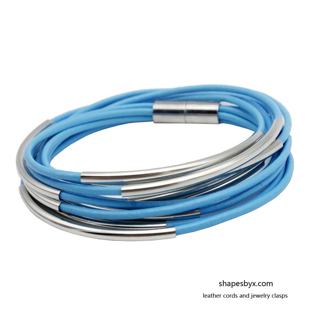 Leather Wrap Bracelet Magnetic End with Silver Tubes for Women Bright Blue