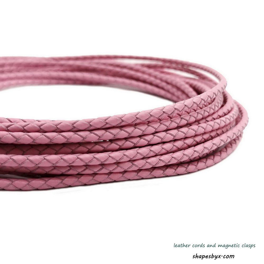 shapesbyX-3mm Braided Leather Cords Pink Round Leather Strap Bracelet Necklace Making Bolo Tie