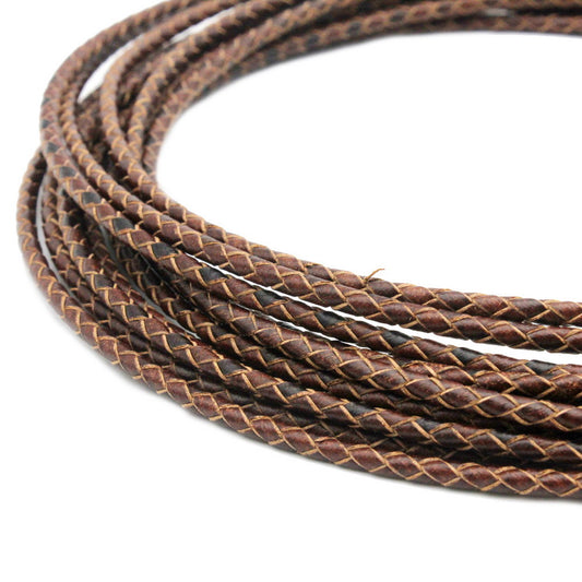 Braided Leather Bolo Cord 3mm Round Distressed Brown Woven Folded Leather Strap Jewelry Making