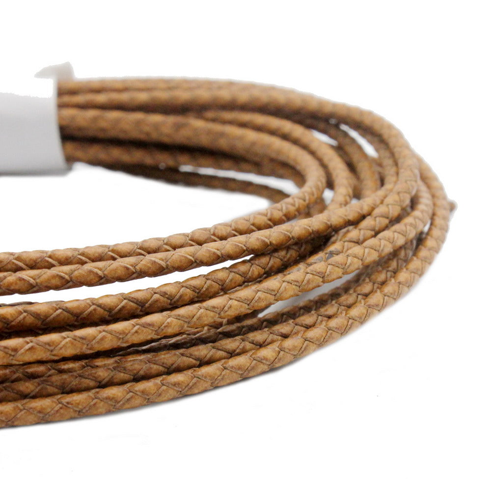 ShapesbyX-Braided Leather Bolo Cord 3mm Round Distressed Tan Woven Folded Leather Strap Jewelry Making