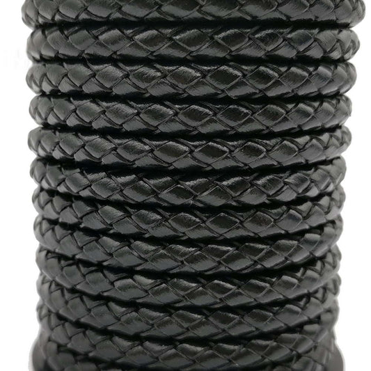 5mm Round Braided Leather Cord Black Bracelet Making Woven Folded Leather Strap
