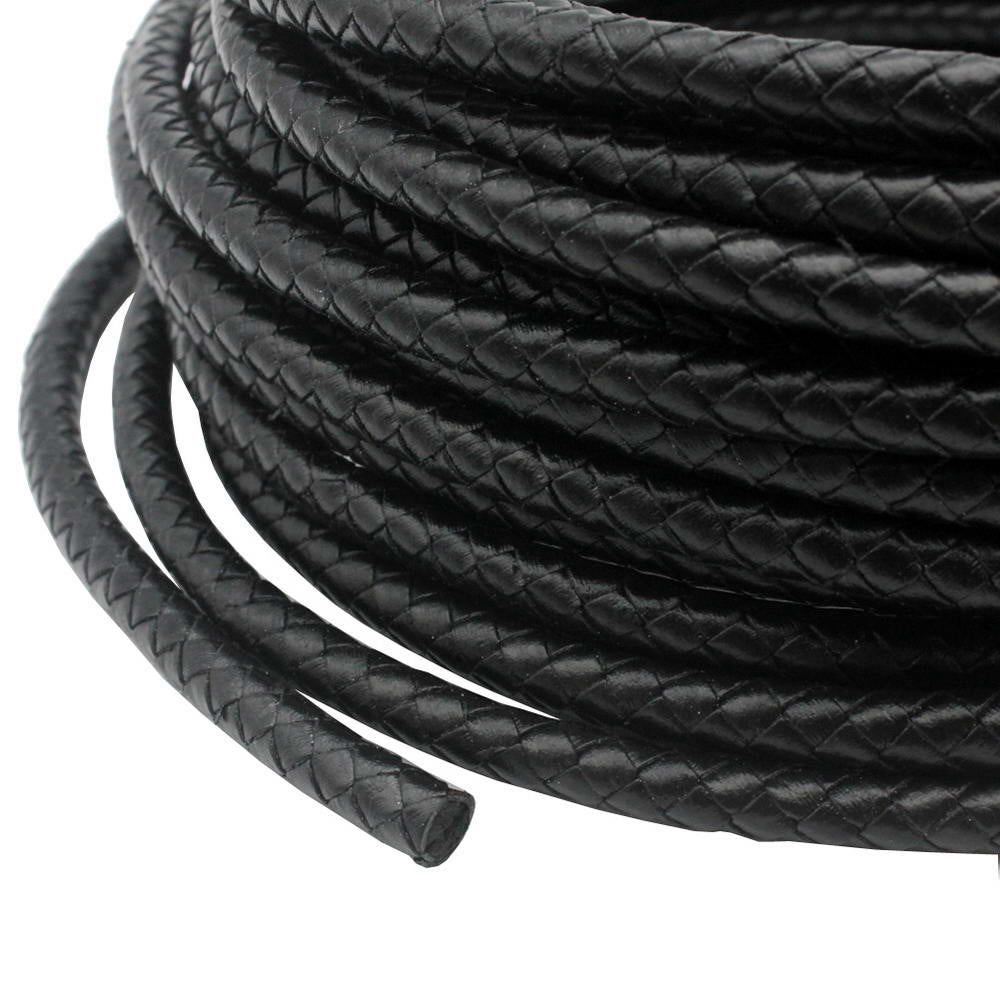 shapesbyX-5mm Round Braided Leather Cord Black Bracelet Making Woven Folded Leather Strap