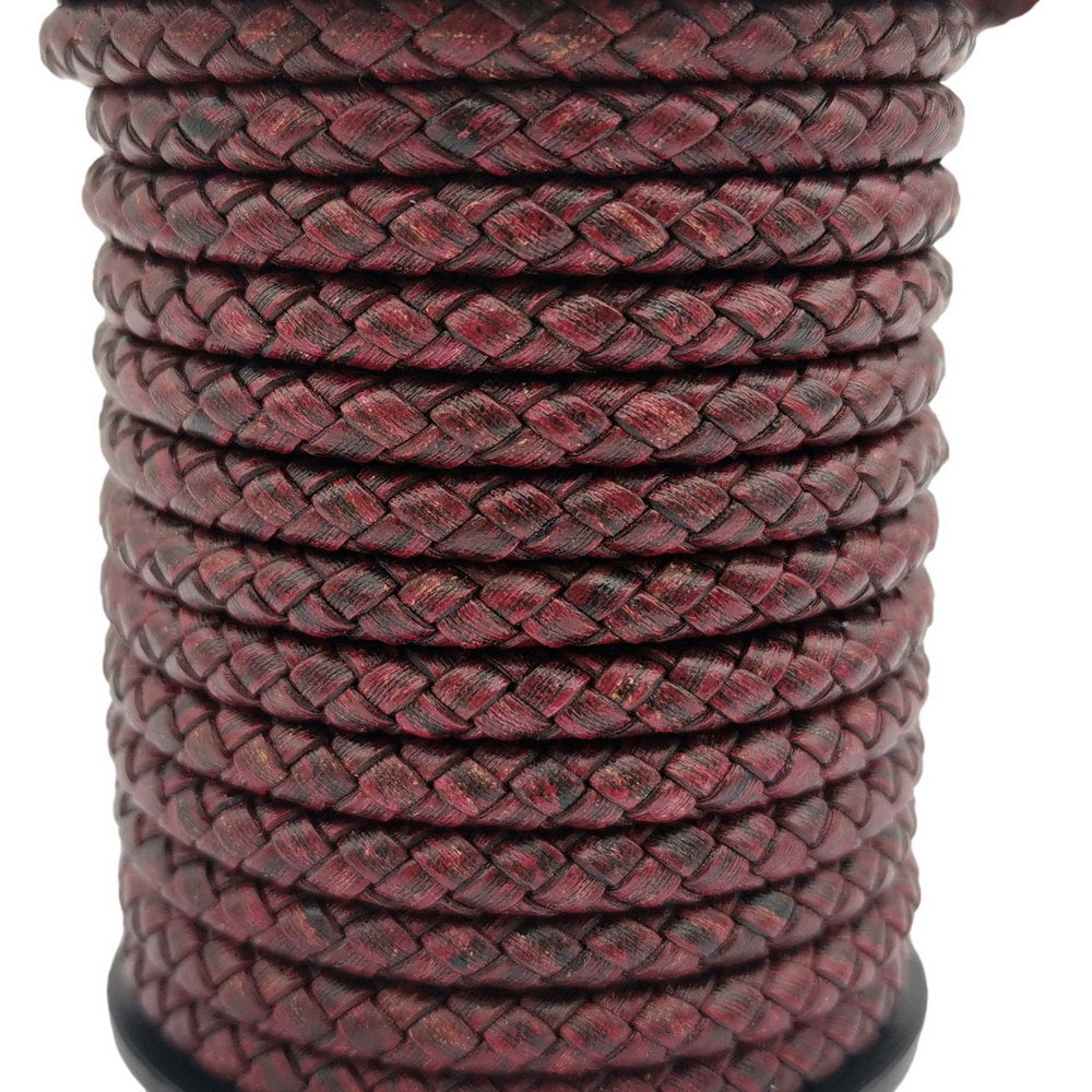 ShapesbyX-Braided Leather Cords 6mm Round Distressed Red Woven Folded Leather Strap Bracelet Making or Decor