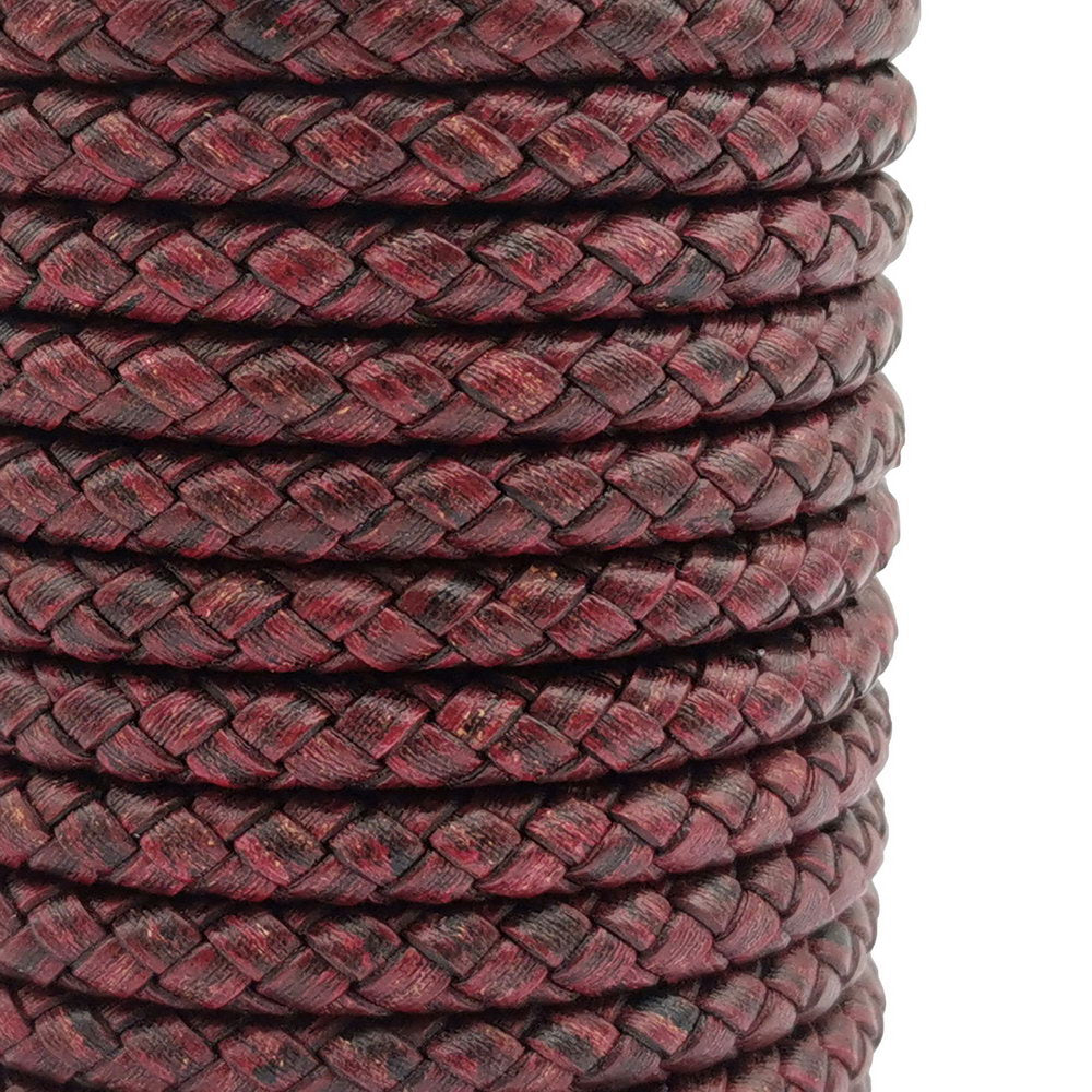 ShapesbyX-Braided Leather Cords 6mm Round Distressed Red Woven Folded Leather Strap Bracelet Making or Decor