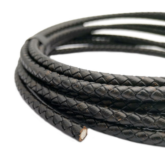 shapesbyX-6mm Round Braided Leather Bolo Cord Distressed Black Jewelry Making Leather Craft
