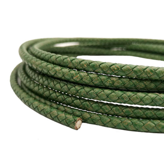 Braided Leather Cords 6mm Round Distressed Green Woven Folded Leather Strap Bracelet Making