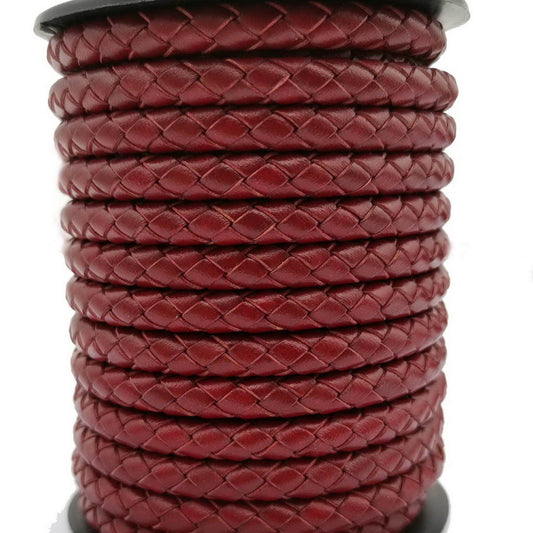 6mm Round Braided Leather Cord Hawthorn/Darker Red Folded Leather Strap for Jewelry Making