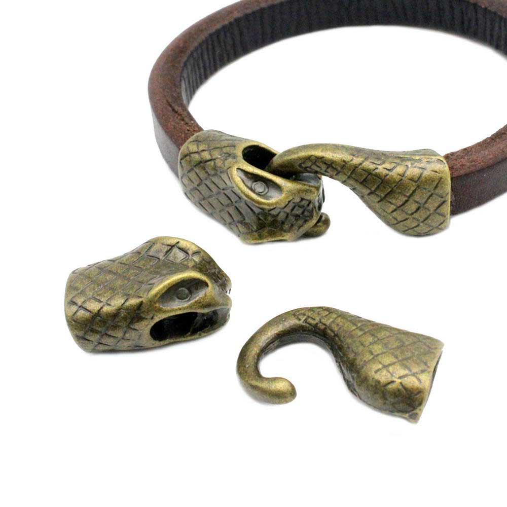 Schlangenkopf-Hakenverschluss, Antik-Kupfer-Metallverschluss für 10 x 6 mm Lakritzleder-Klebe-Charm-Armbandende