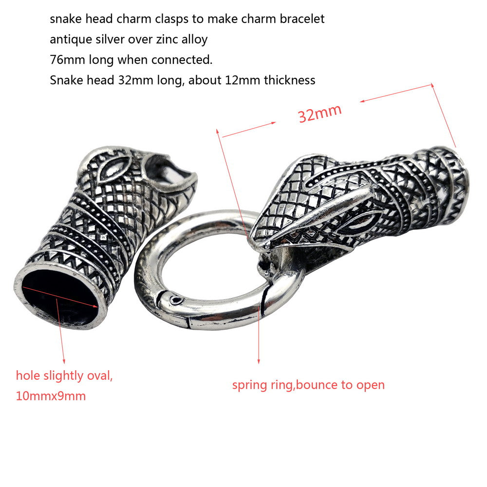 Snake Charm Clasps Antique Silver,Snake Bracelet Making End 10mm Hole