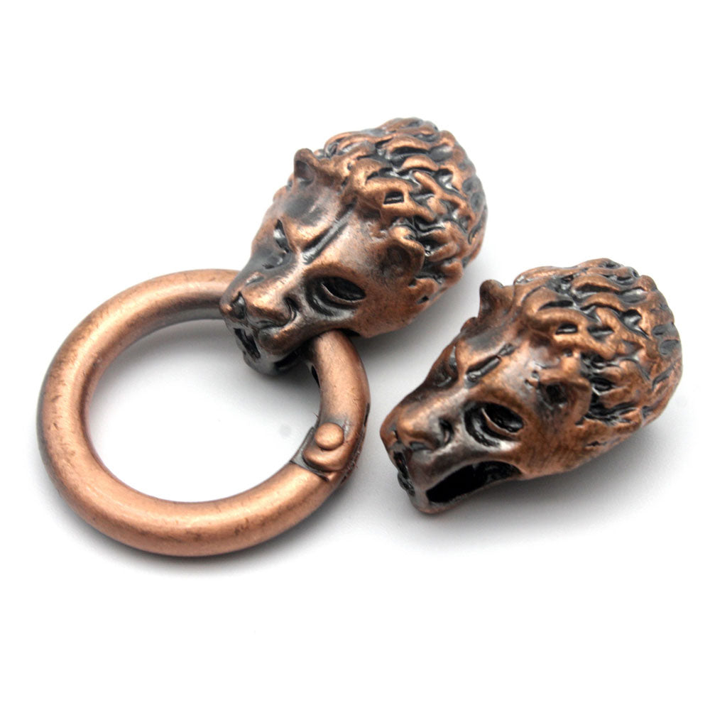 Wolf Clasp, Two Wolves Heads Biting A Ring, Antique Copper, 9mm Hole