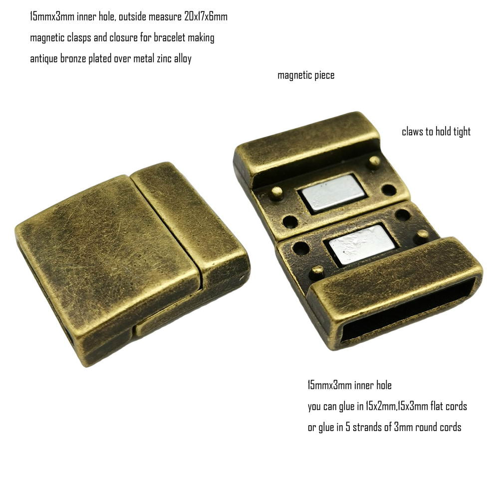 ShapesbyX-Antique Bronze 15mm Magnetic Clasps for Bracelet Making End 15x3mm Hole
