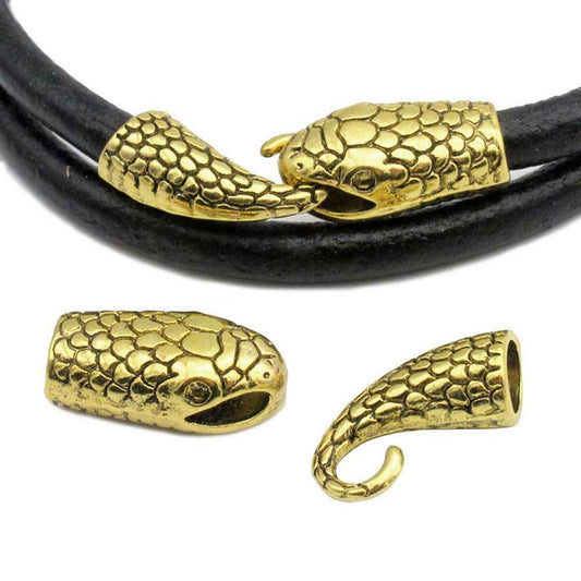 2 Pieces Snake Head Charm Hook Clasps Antique Gold, 7mm Hole Leather Glue In, Charm Bracelet Making End