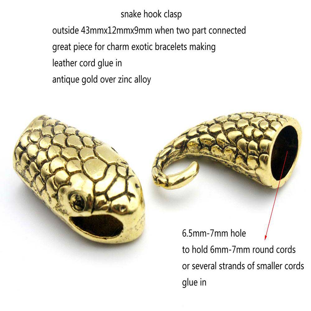 shapesbyX-2 Pieces Snake Head Charm Hook Clasps Antique Gold 7mm Hole Leather Glue In, Charm Bracelet Making End