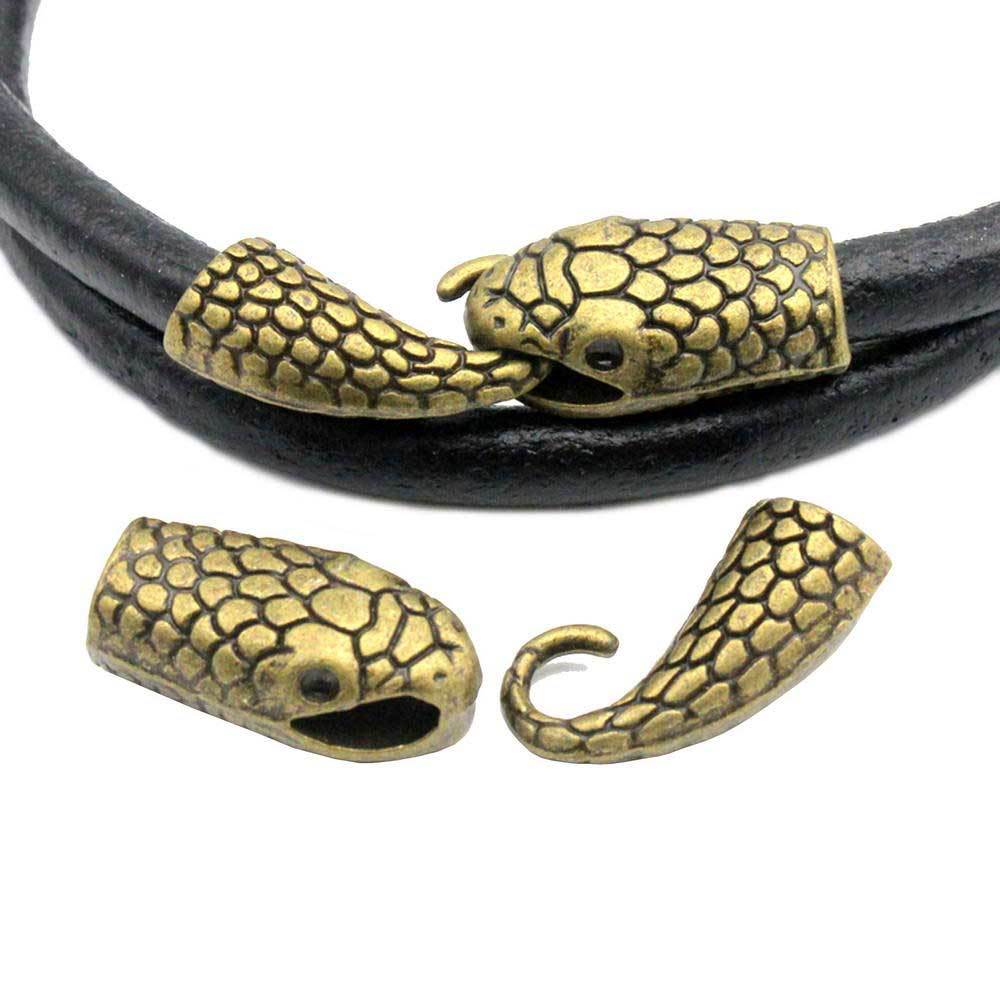 2 Pieces Snake Head Charm Hook Clasps Antique bronze 7mm Hole Leather Glue In, Charm Bracelet Making End