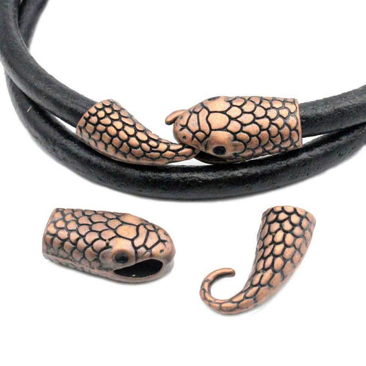 Snake Head Charm Hook Clasps Antique copper 7mm Hole Leather Glue In, Charm Bracelet Making End