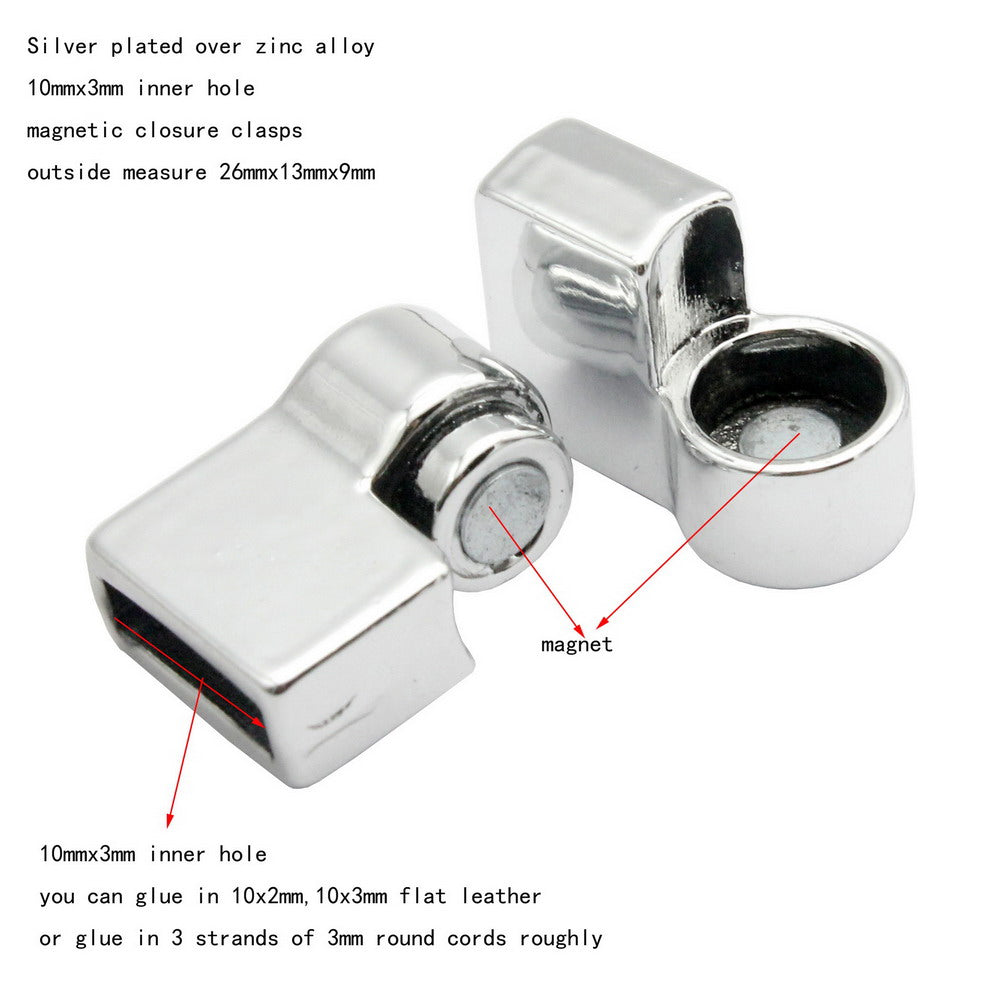 Magnetische Armbandverschlüsse und Verschluss Silber 10 mm x 3 mm Innenloch Lederbandende MT718-2
