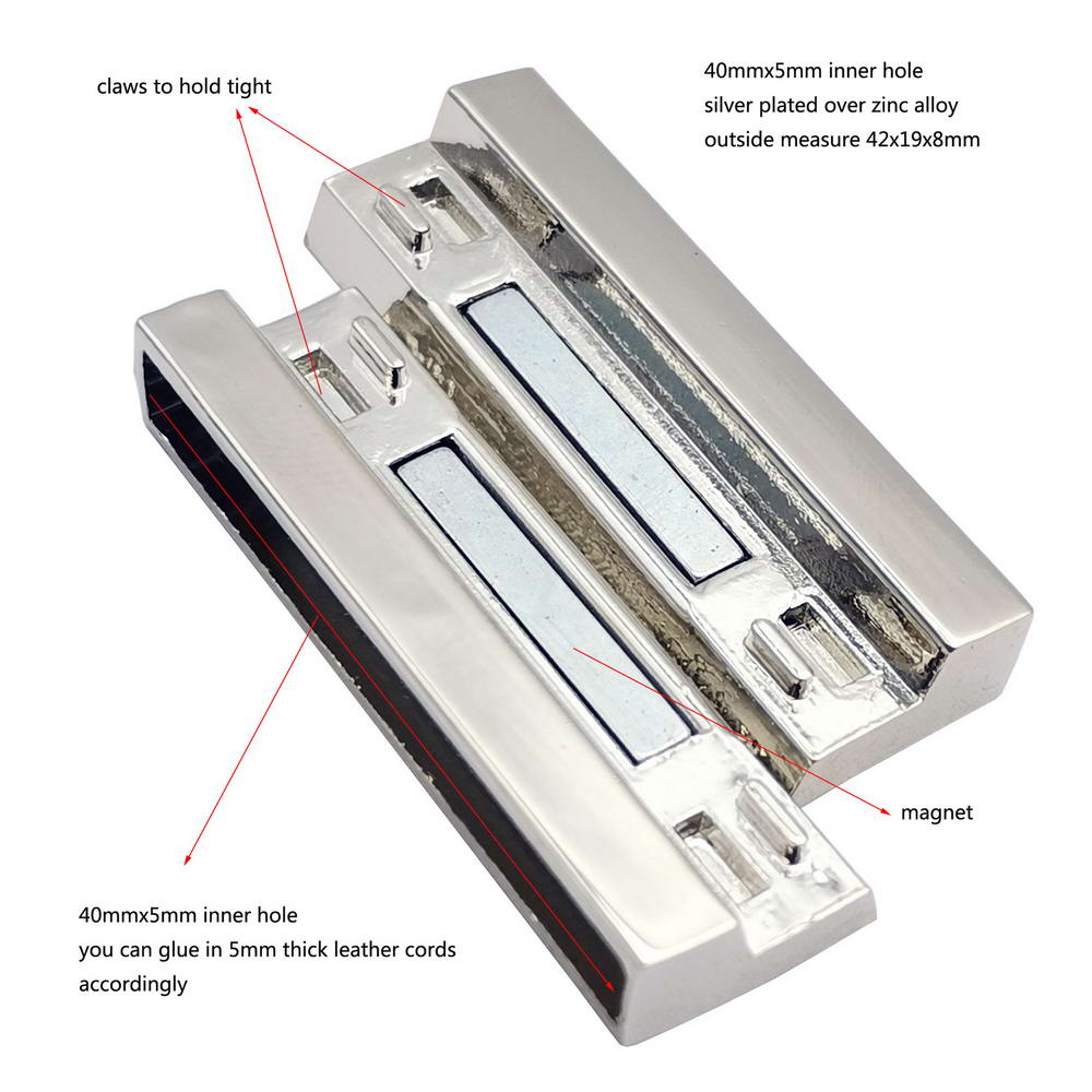 Pack 2 fermoirs et fermeture magnétiques pour bracelet, trou de 40x5mm, grands fermoirs incurvés argentés