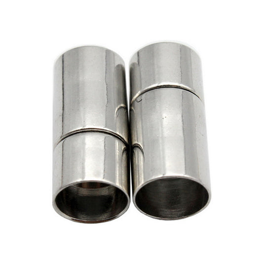 Cylinder Round Magnetic Clasps and Closure for Bracelet Making 8mm Hole Cord Glue In 3 Pieces Silver