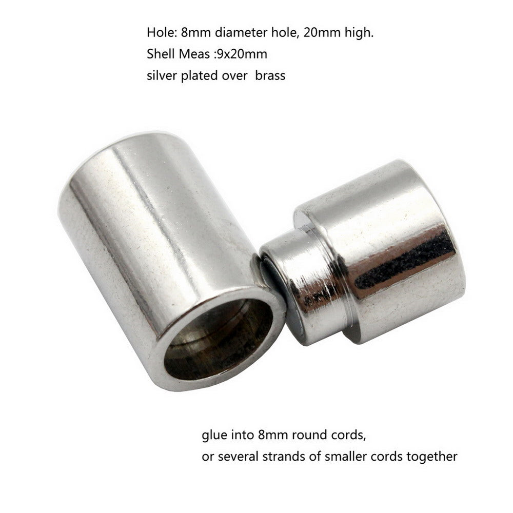 ShapesbyX-Zylinder, runde Magnetverschlüsse und Verschluss für die Herstellung von Armbändern, 8 mm Loch, Kordelkleber, in 3 Stück, Silber