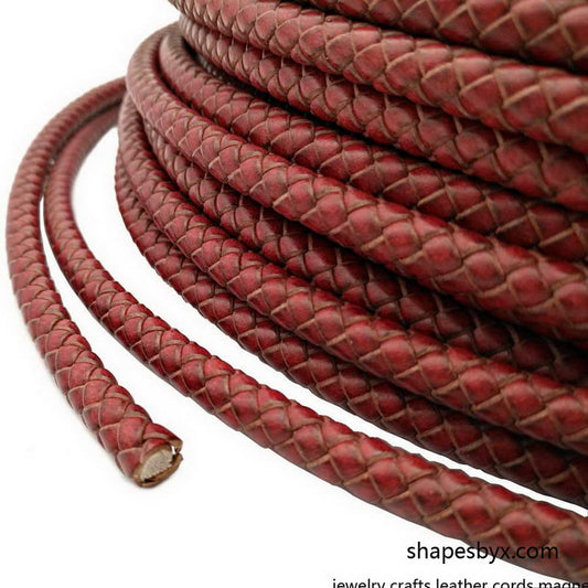 8mm Braided Leather Bolo Cord 8mm Round Leather Strap Distressed Red