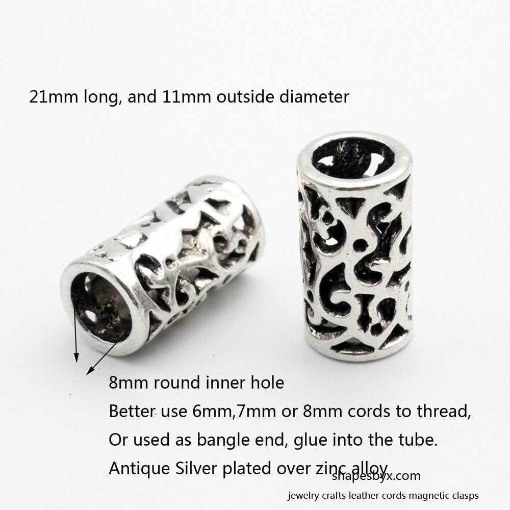 shapesbyX-3pc 8mm Hole Ancient Totem Antique Silver Plated Hollowed Finding Tube for Bracelet and Necklace, 21mm Long