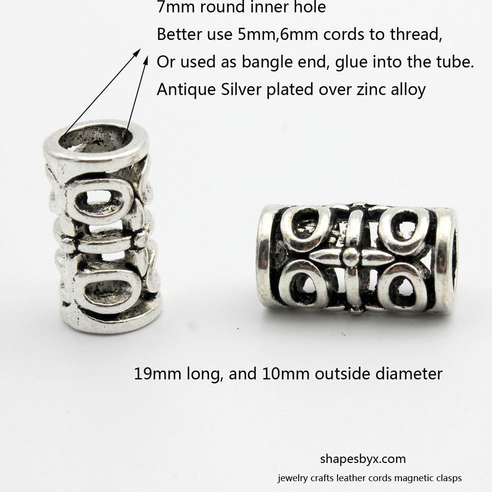 shapesbyX-2pc 7mm Hole Antique Silver Plated Hollowed Finding Tube for Bracelet and Necklace Sliders, 19mm Long