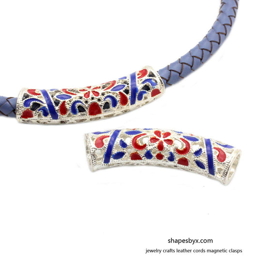 shapesbyX-2pcs 7.5mm Hole Silver Sliders with Enamel Blue and Red, Bracelet Necklace Tube Slider Beading