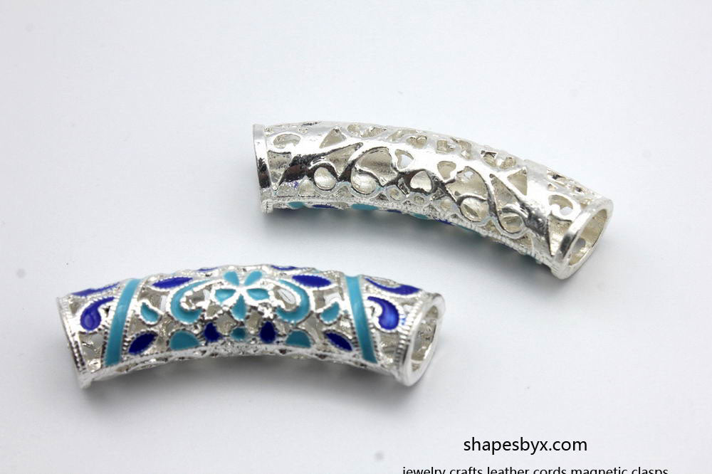 shapesbyX-2 Pieces 7.5mm Hole Silver Sliders with Blue and Light Blue Pattern, Bracelet Tube Slider