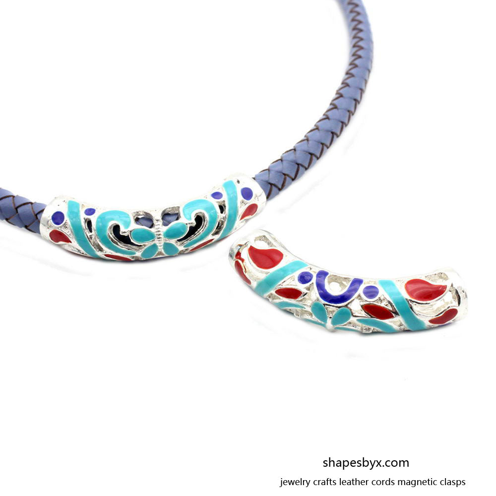 ShapesbyX-2pcs Curseurs argentés à trou de 7 mm avec motif bleu et rouge, Bracelet Collier Pendentif Tube Papillon Curseur Perles