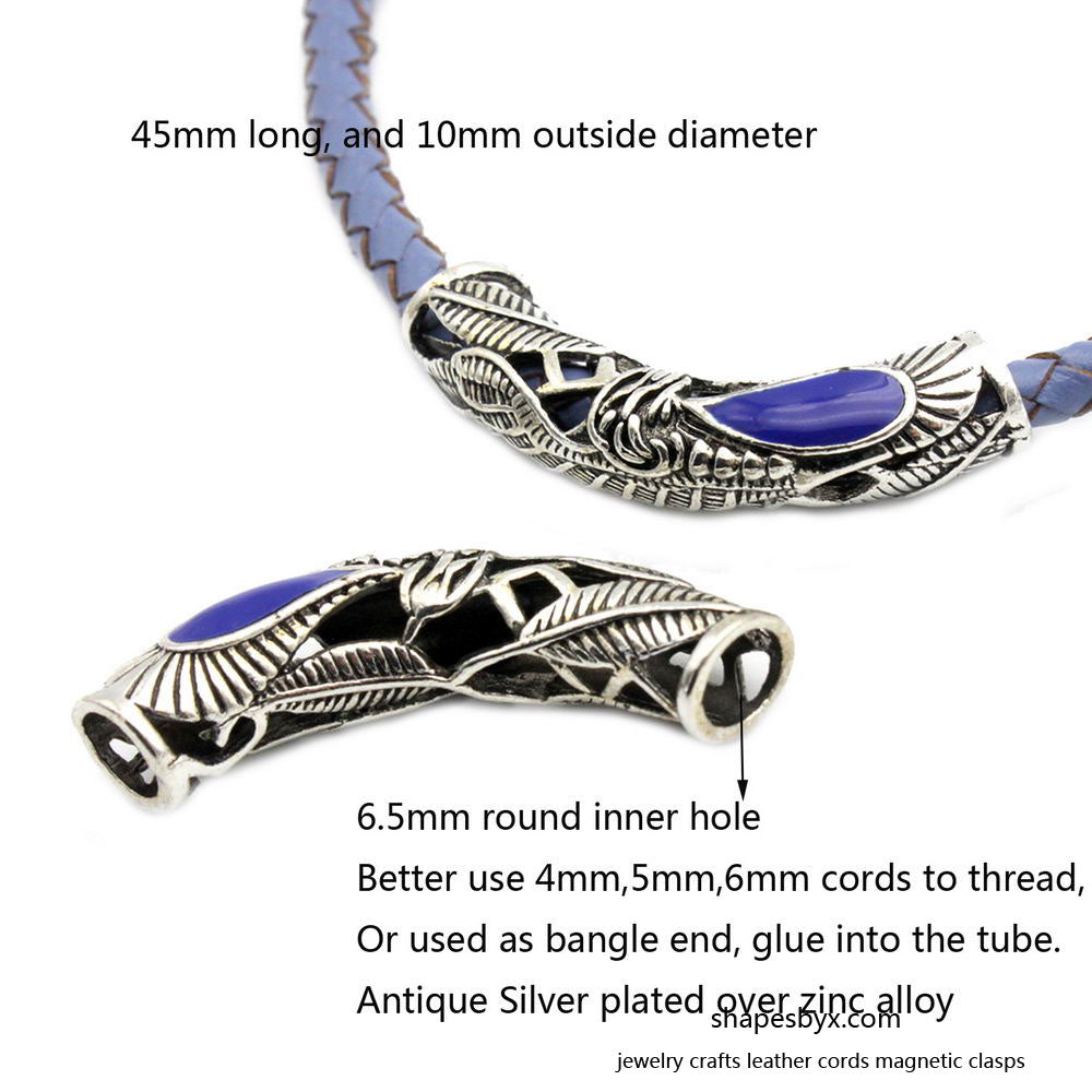 2 Pieces 6.5mm Hole Antique Silver Bracelet Beading Tube with Royal Blue Enamel Paint, Necklace Pendant