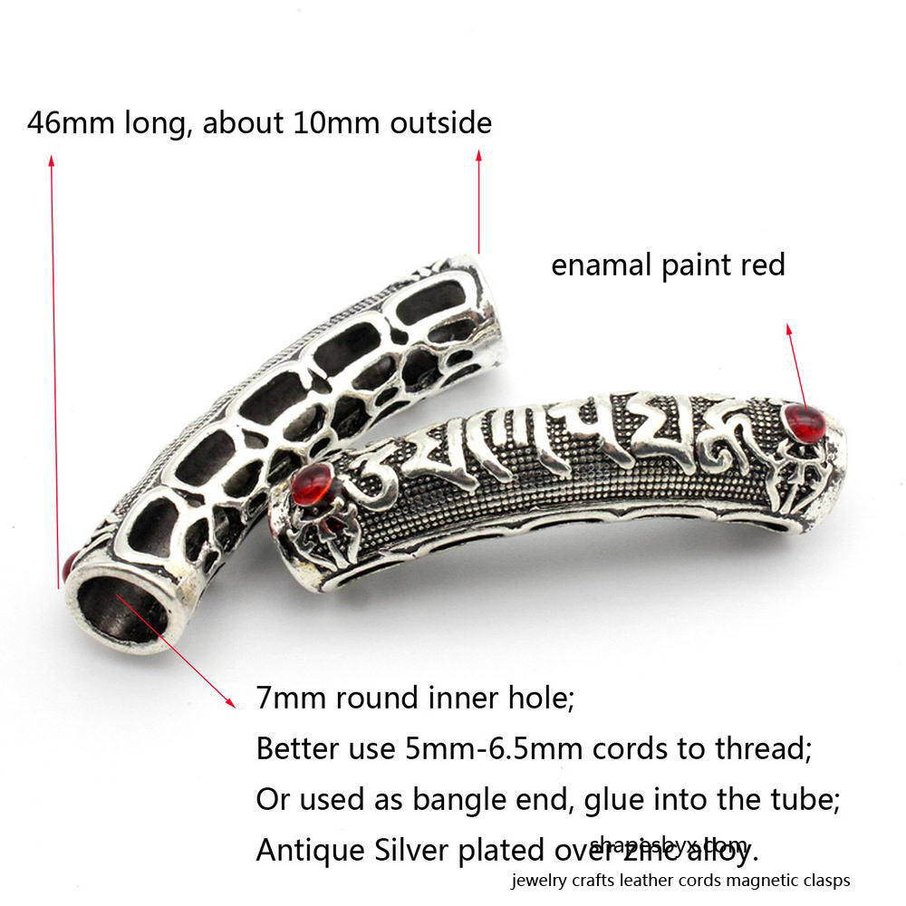 Tibetan Words Tube, 2pcs 7mm Inner Hole Tibetan Language Leather Cord Glue In Bracelet Beading Necklace Pendant