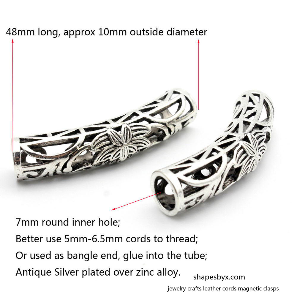 shapesbyX-2pcs 7mm Hole Antique Silver Hollowed Tube Slider for Bracelet Making Leather Cord End Glue In