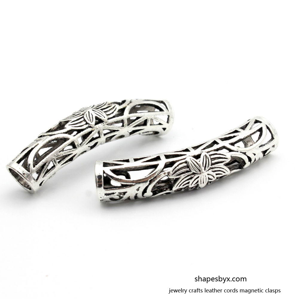 shapesbyX-2pcs 7mm Hole Antique Silver Hollowed Tube Slider for Bracelet Making Leather Cord End Glue In