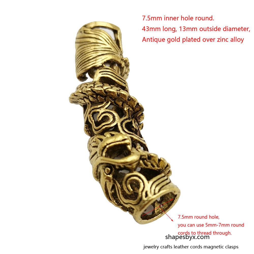 shapebyX-2 pièces Tube de breloque dragon pour bracelet, collier de perles, pendentif, trou intérieur de 7,5 mm, curseur de dragon en or antique