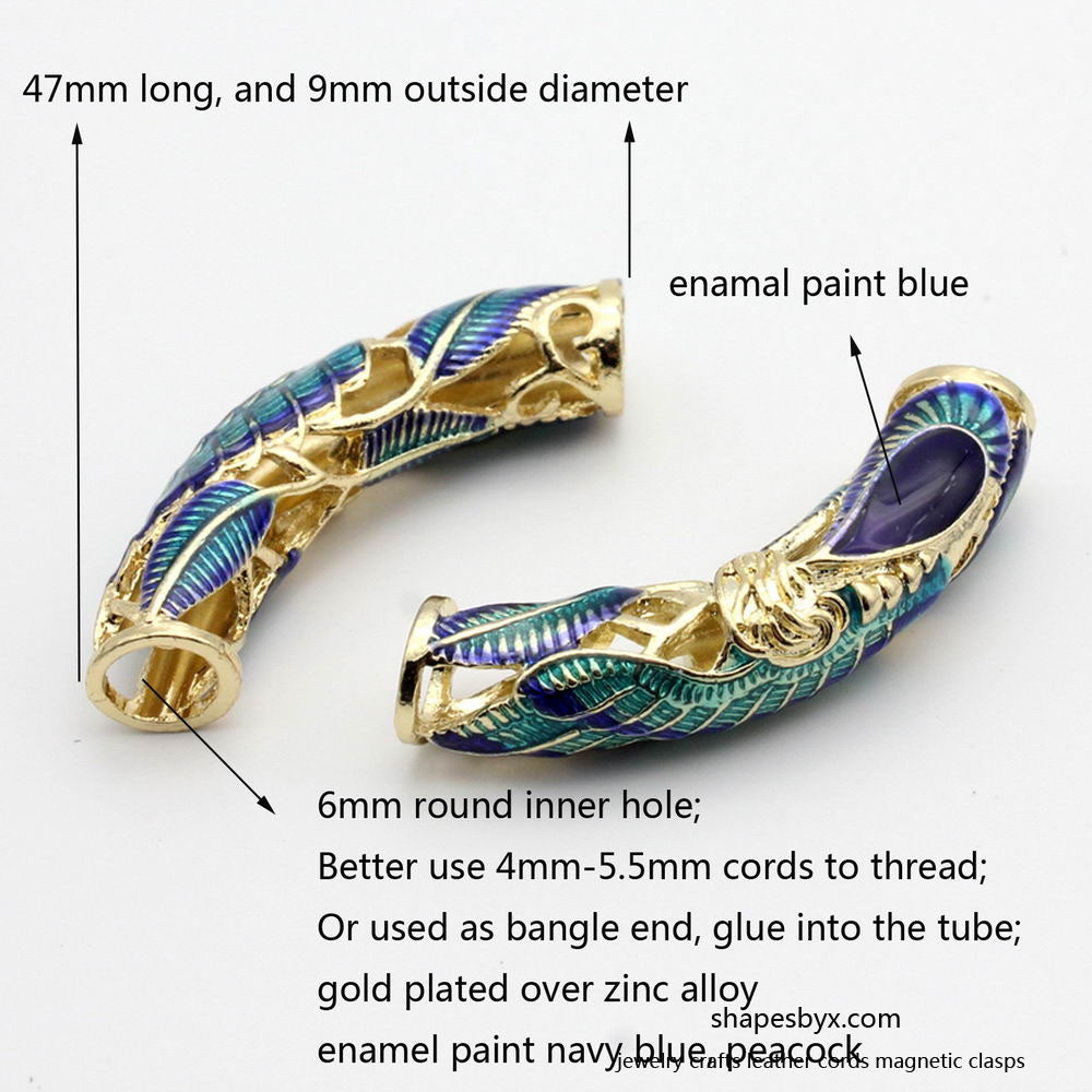 ShapesbyX-2 pièces de peinture en émail paon avec trou de 6 mm sur tubes de base dorés, curseur de bracelet, pendentif de collier