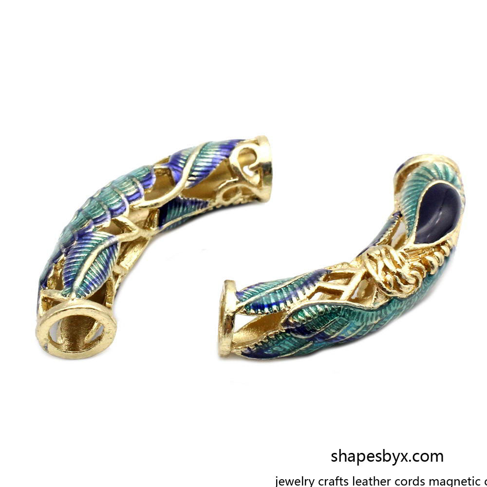 shapesbyX-2 Pieces 6mm Hole Peacock Enamel Painting on Gold Base Tubes, Bracelet Slider, Necklace Pendant